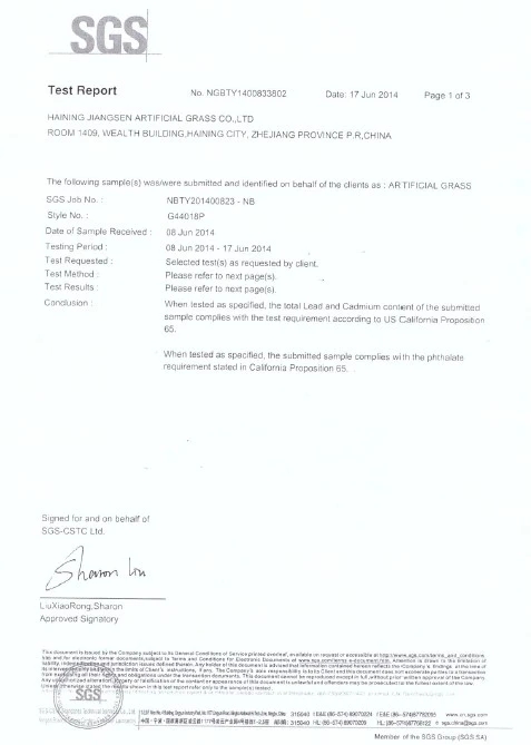 RoHS Test Certification for Synthetic Turf Roll - SGS Test Report