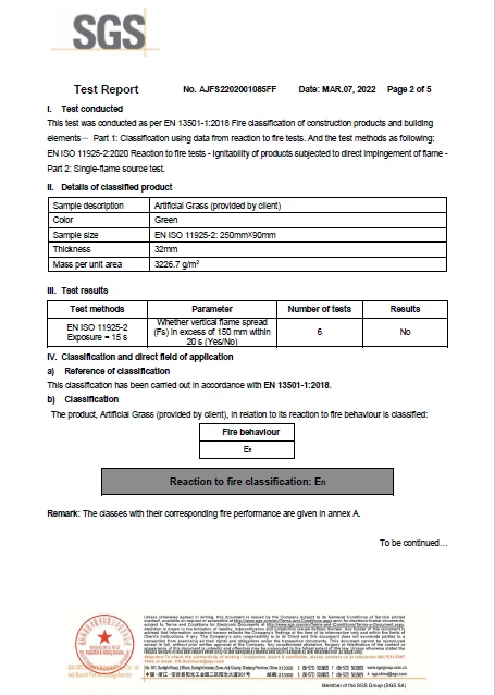 Flame Retardant Test Certification for Synthetic Turf Roll Flame Retardant Test Certification for Synthetic Turf Roll